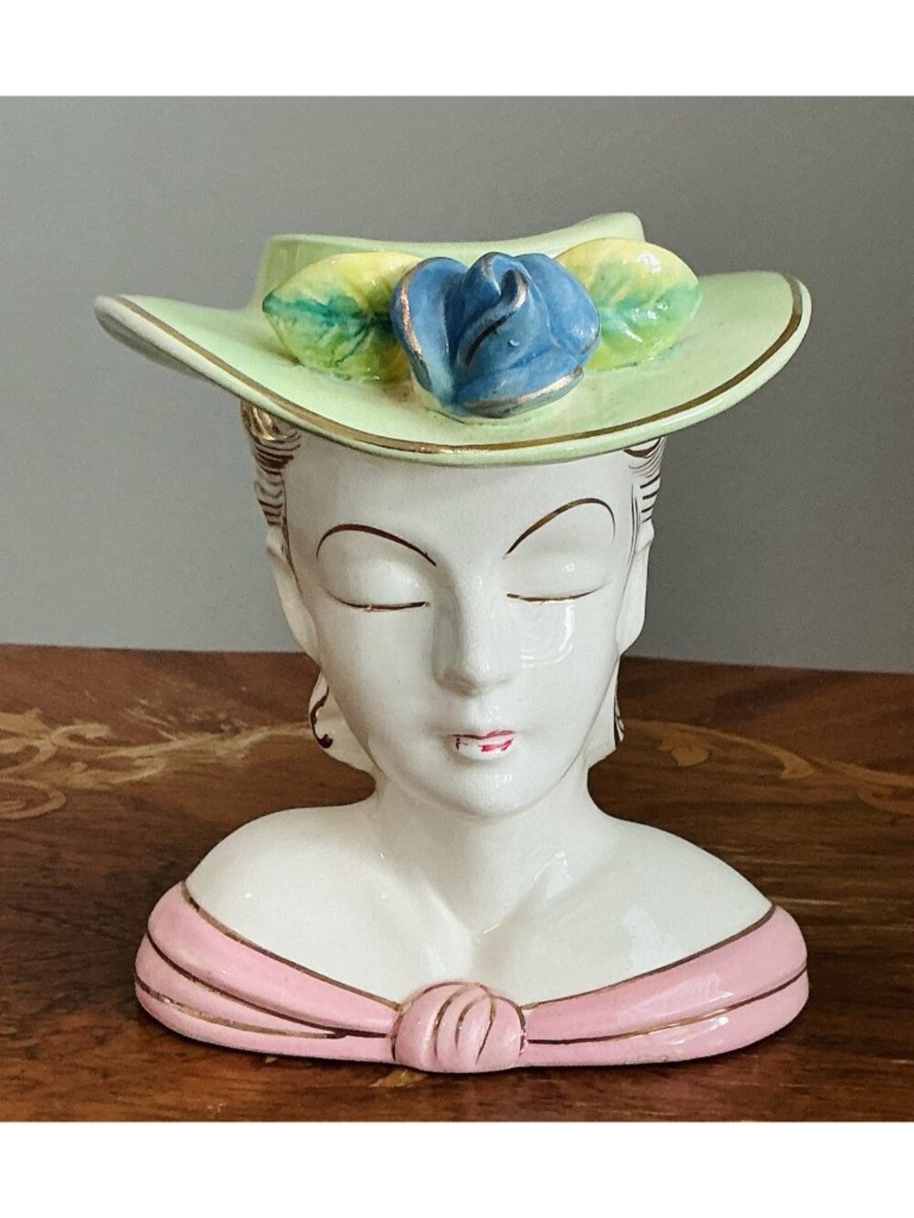 Lady Head Vase Shafford Style Planter Green Hat Blue Flower Gold Trim 6"